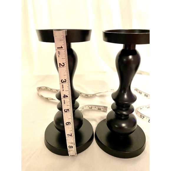 Vintage 9”x4” Wooden Candlestick Pair and Four Photo Glass Coasters in Holder - Picture 5 of 6